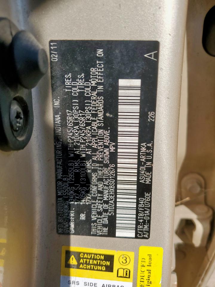 2011 Toyota Highlander Base VIN: 5TDZA3EHXBS012676 Lot: 82494735