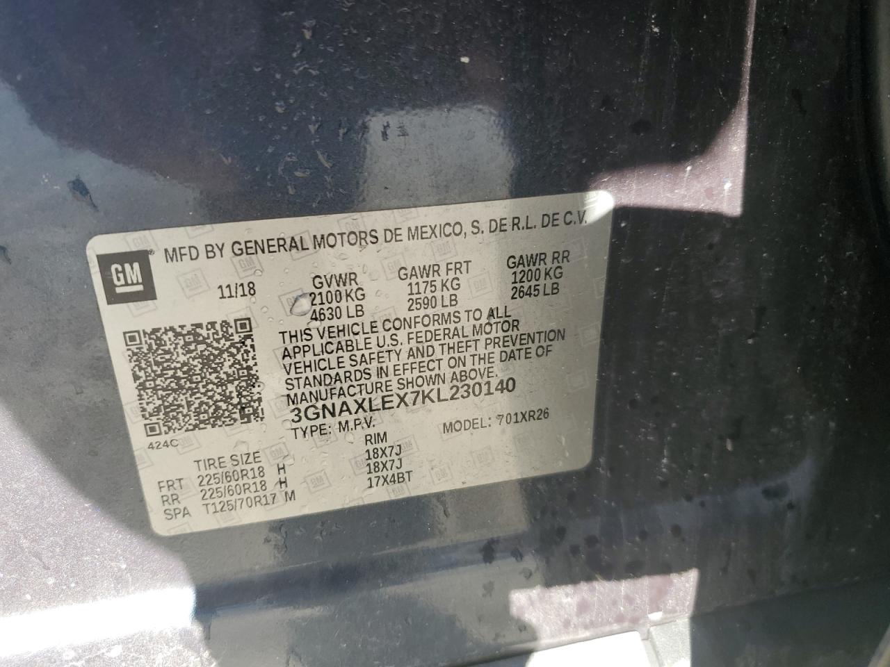 2019 Chevrolet Equinox Lt VIN: 3GNAXLEX7KL230140 Lot: 86332735