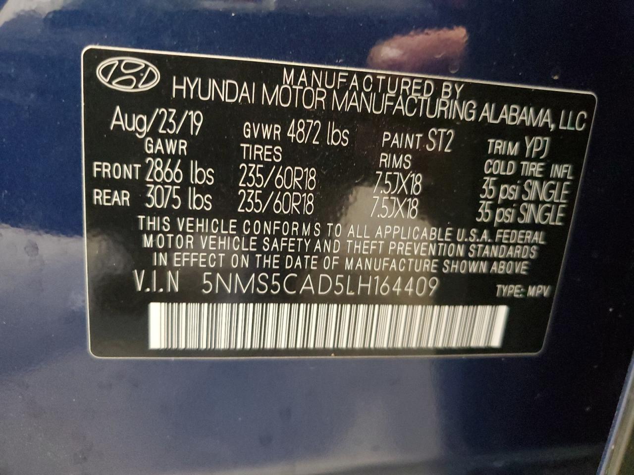 2020 Hyundai Santa Fe Limited VIN: 5NMS5CAD5LH164409 Lot: 81909155