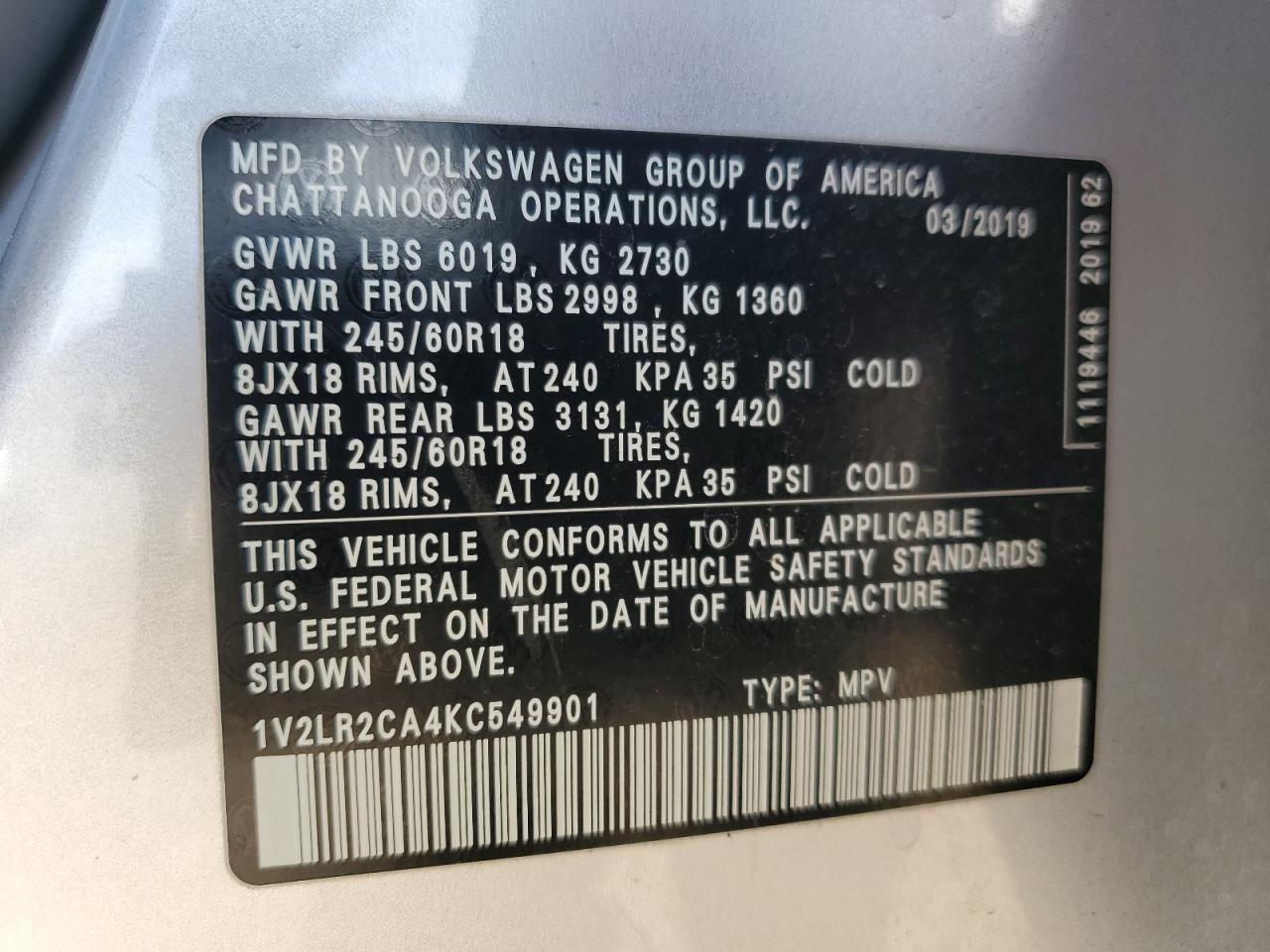 2019 Volkswagen Atlas Se VIN: 1V2LR2CA4KC549901 Lot: 90884105