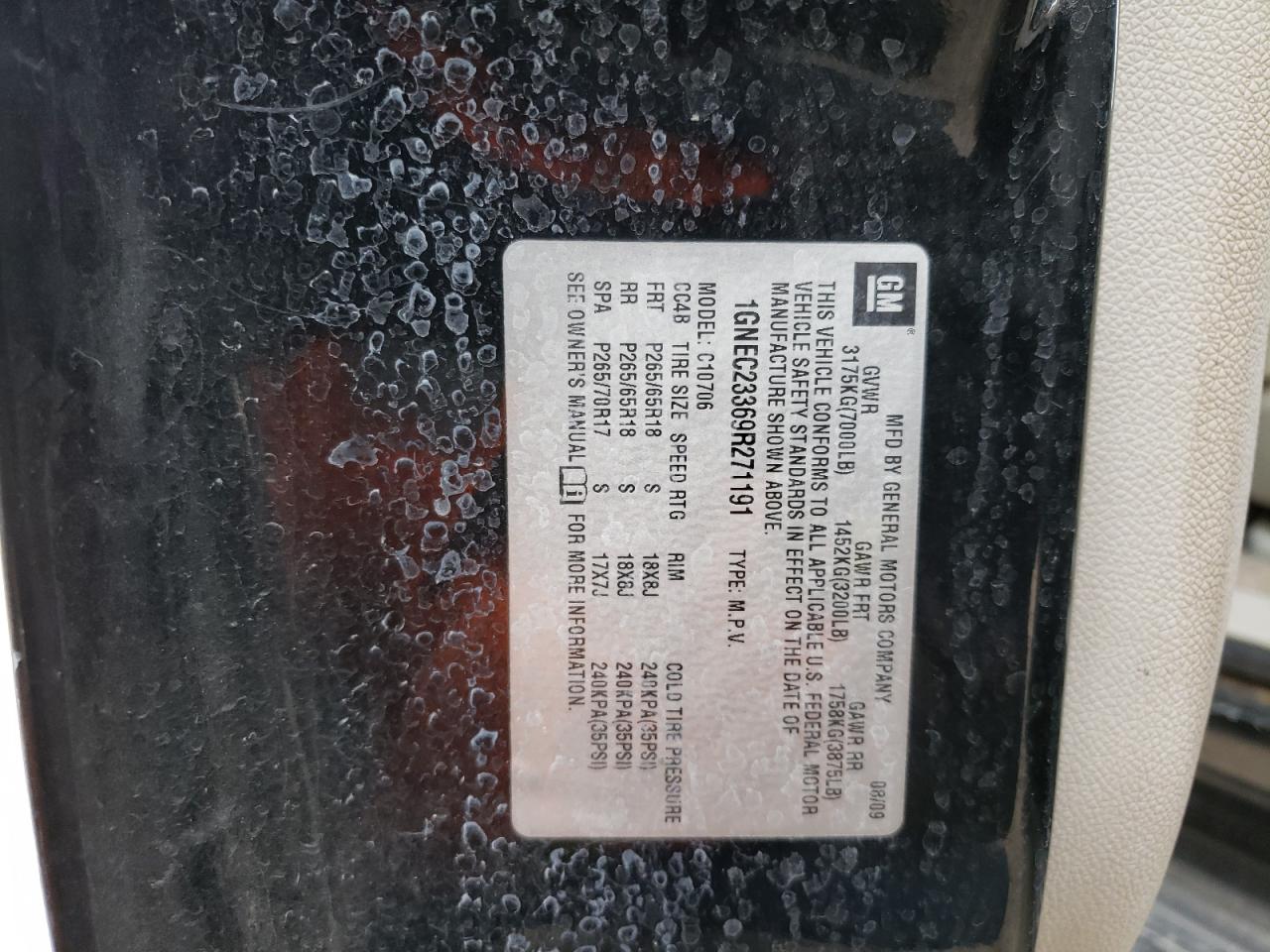 2009 Chevrolet Tahoe C1500 Lt VIN: 1GNEC23369R271191 Lot: 83861464