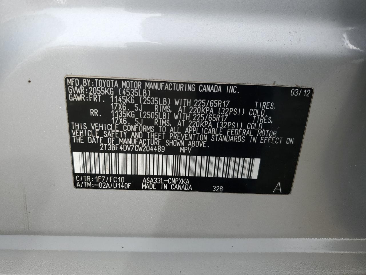 2T3BF4DV7CW204489 2012 Toyota Rav4