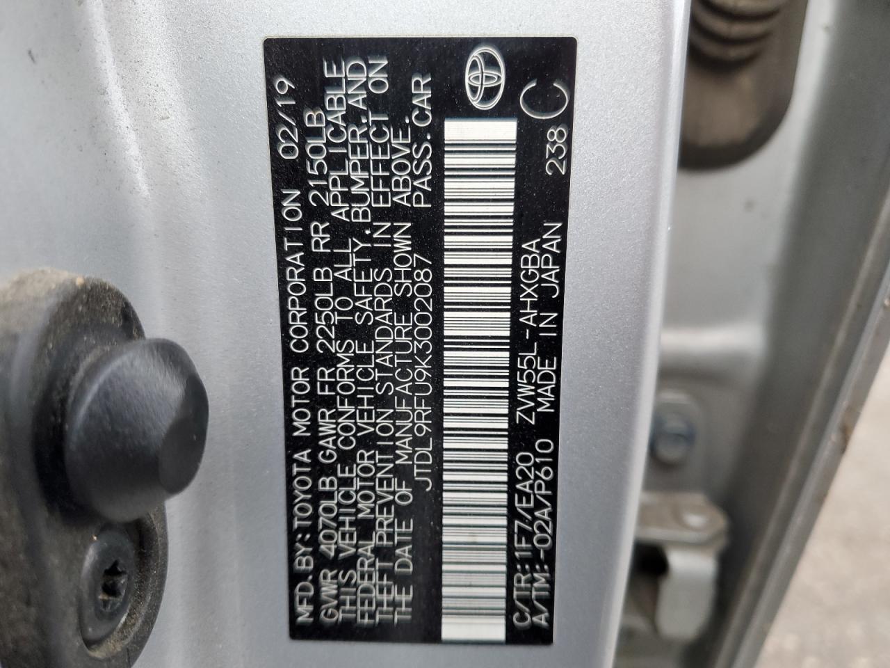 2019 Toyota Prius VIN: JTDL9RFU9K3002087 Lot: 59329554