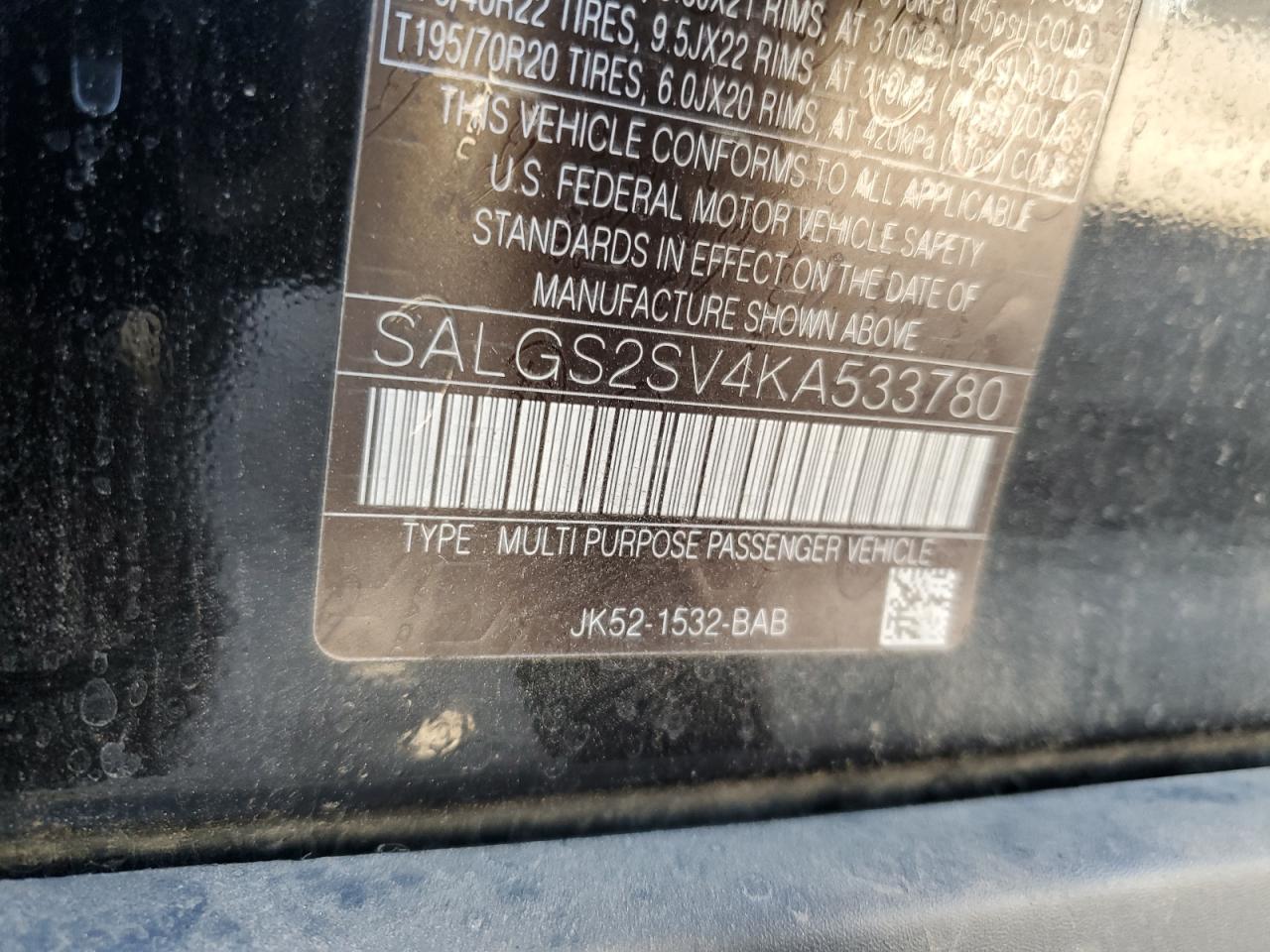 2019 Land Rover Range Rover Hse VIN: SALGS2SV4KA533780 Lot: 77526263