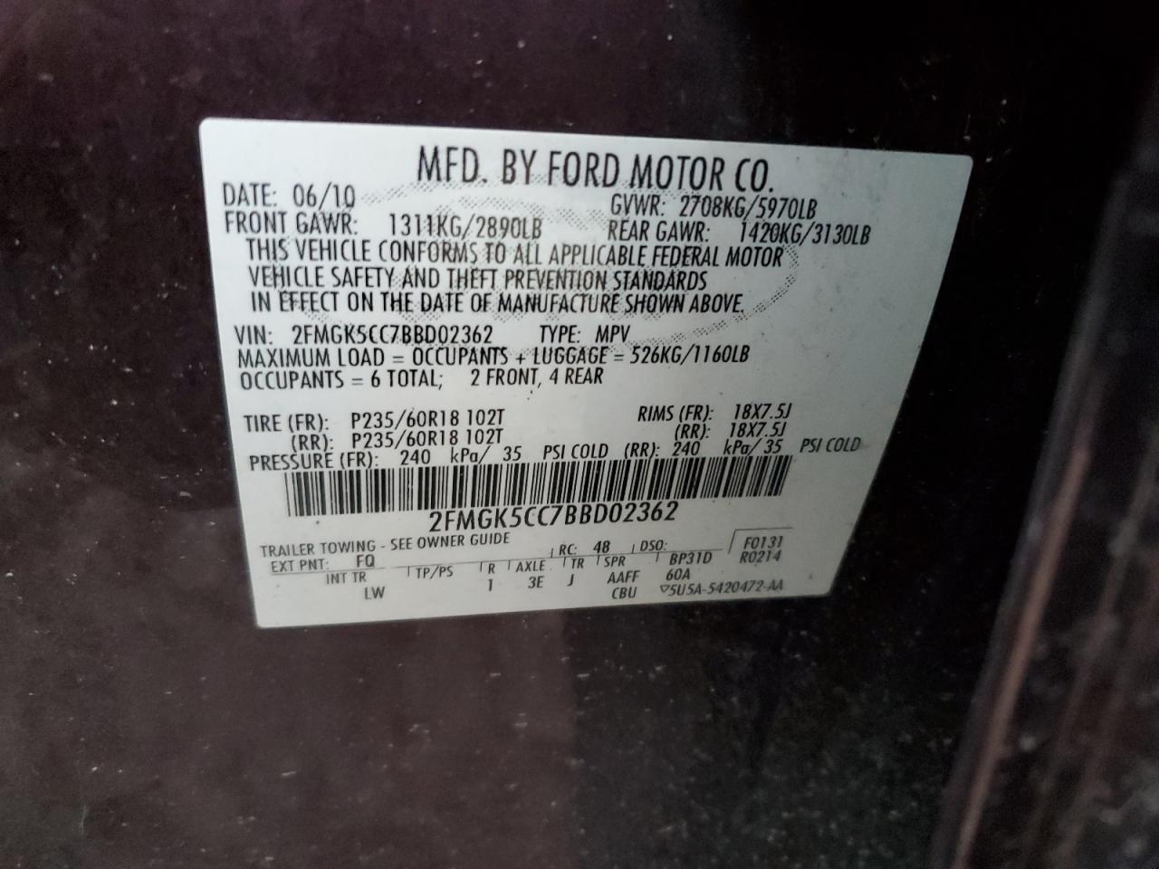 2011 Ford Flex Sel VIN: 2FMGK5CC7BBD02362 Lot: 78165453