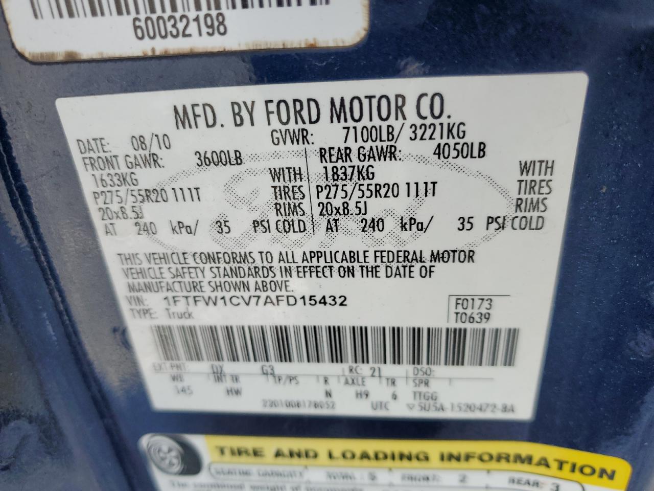 2010 Ford F150 Supercrew VIN: 1FTFW1CV7AFD15432 Lot: 74941453