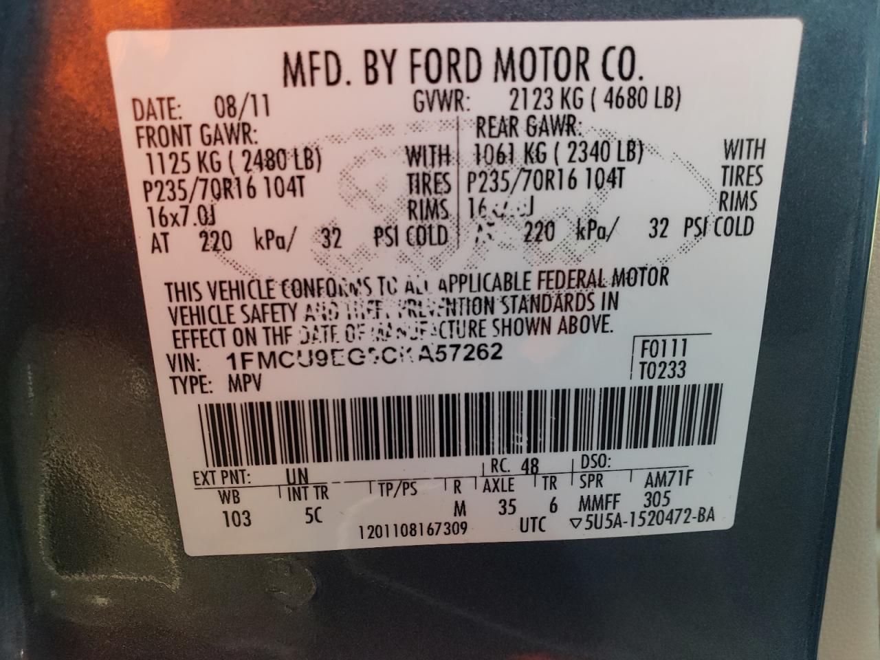 2012 Ford Escape Limited VIN: 1FMCU9EG5CKA57262 Lot: 57002634