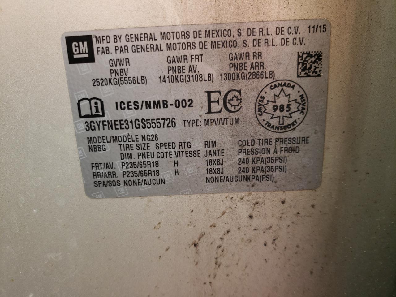 2016 Cadillac Srx Luxury Collection VIN: 3GYFNEE31GS555726 Lot: 74912553