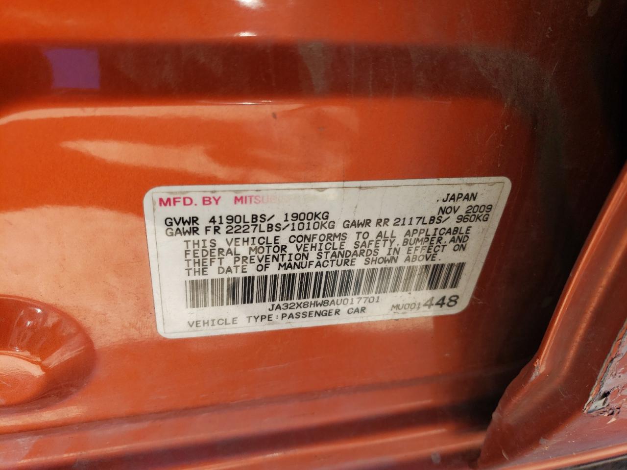 2010 Mitsubishi Lancer Gts VIN: JA32X8HW8AU017701 Lot: 74169903