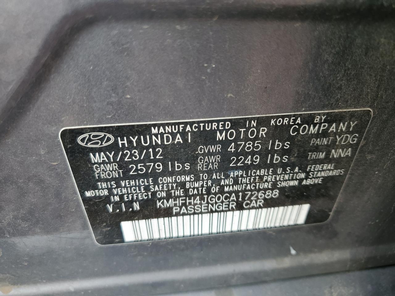 KMHFH4JG0CA172688 2012 Hyundai Azera Gls