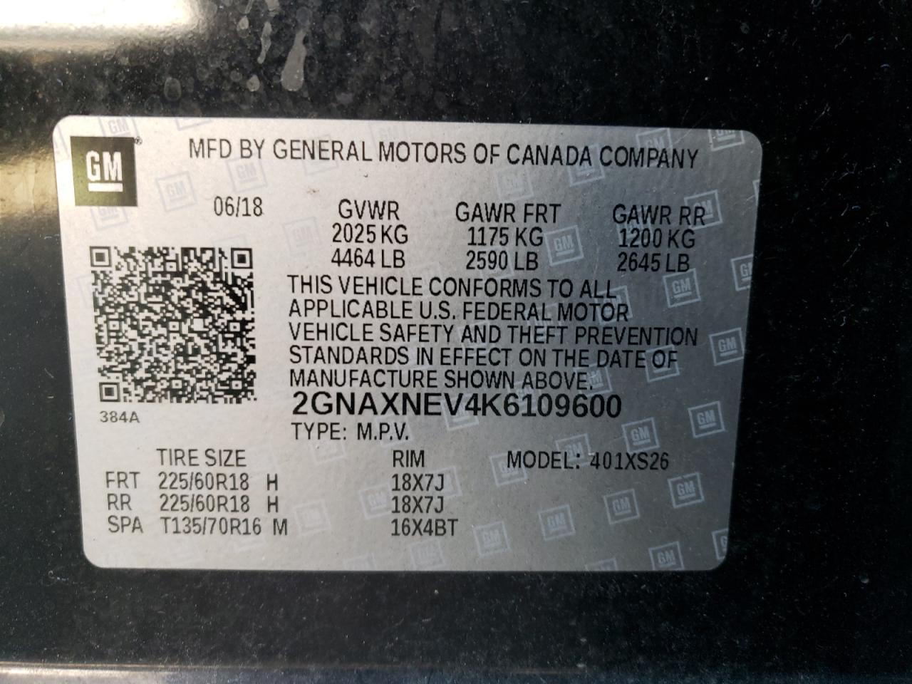 2GNAXNEV4K6109600 2019 Chevrolet Equinox Premier