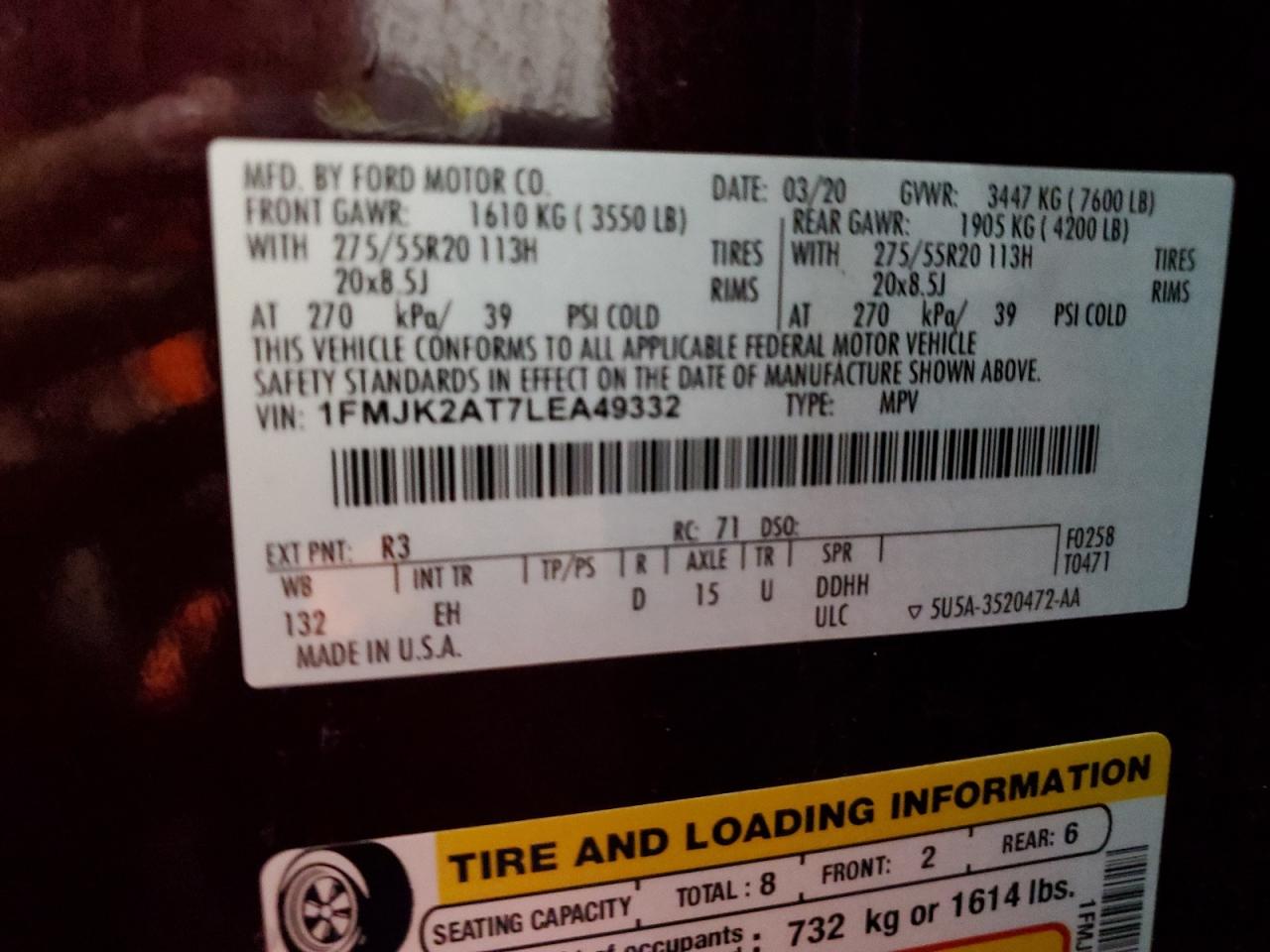 1FMJK2AT7LEA49332 FORD EXPEDITION 2020