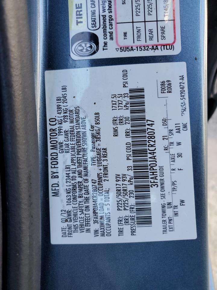 2012 Ford Fusion Sel VIN: 3FAHP0JA4CR280747 Lot: 74306123