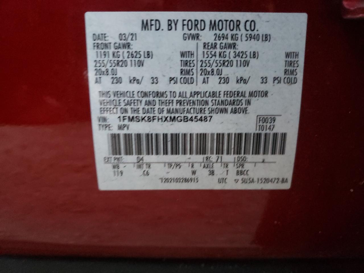 VIN 1FMSK8FHXMGB45487 2021 FORD EXPLORER no.13