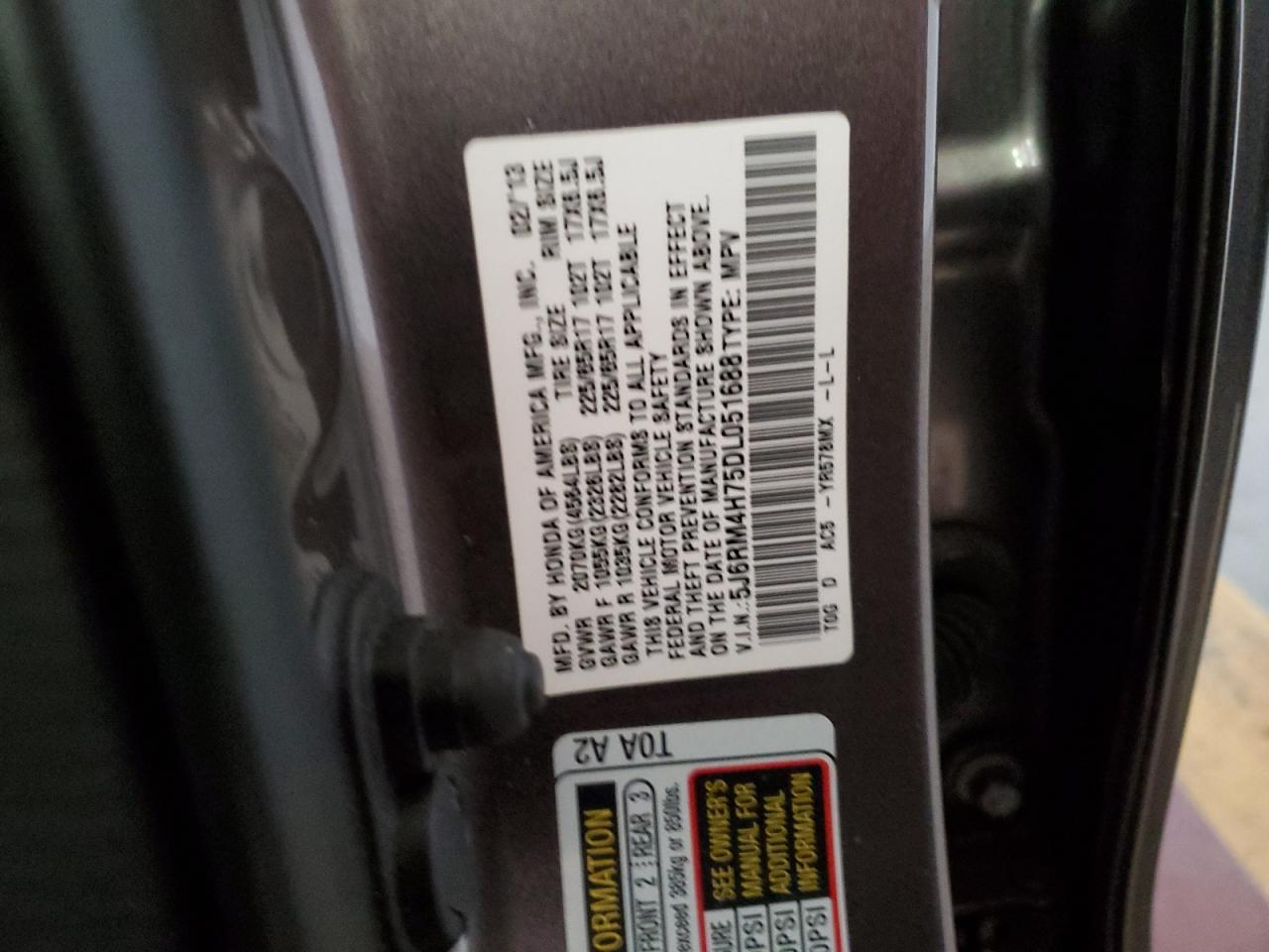 2013 Honda Cr-V Exl VIN: 5J6RM4H75DL051688 Lot: 66268634