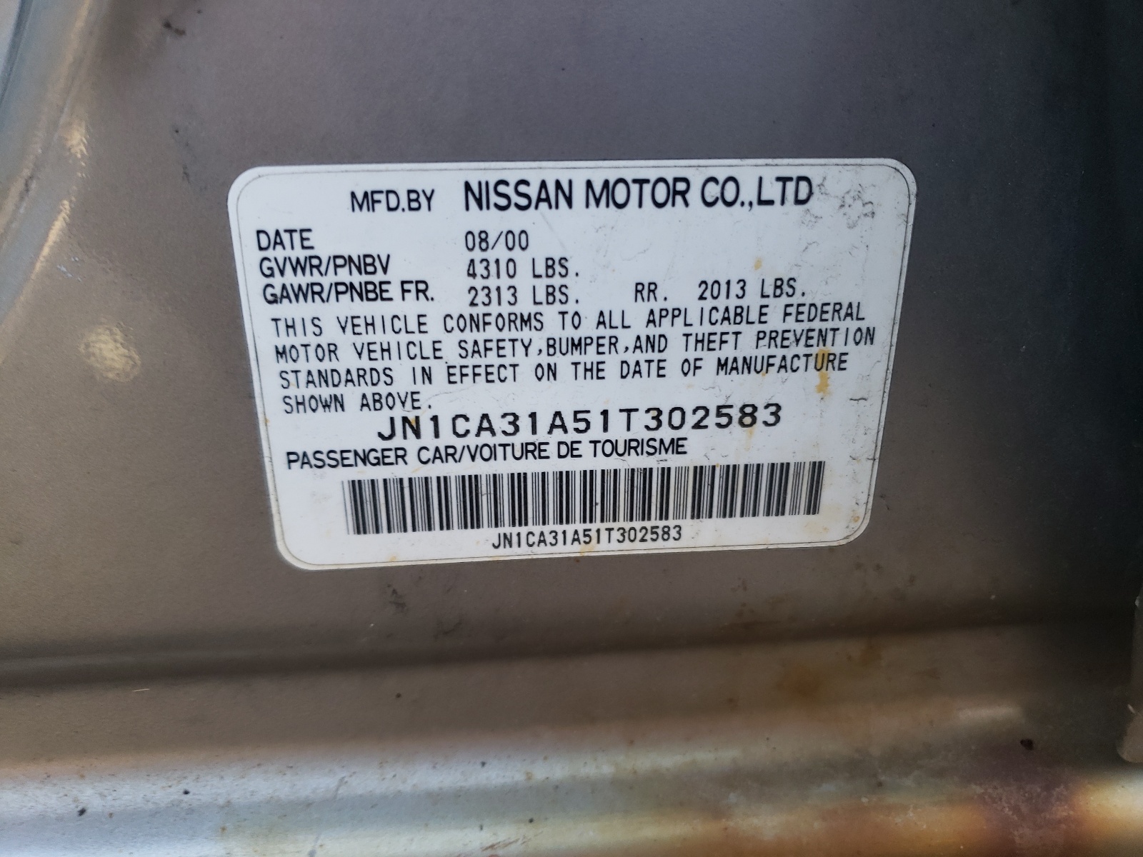 JN1CA31A51T302583 2001 Nissan Maxima Gxe