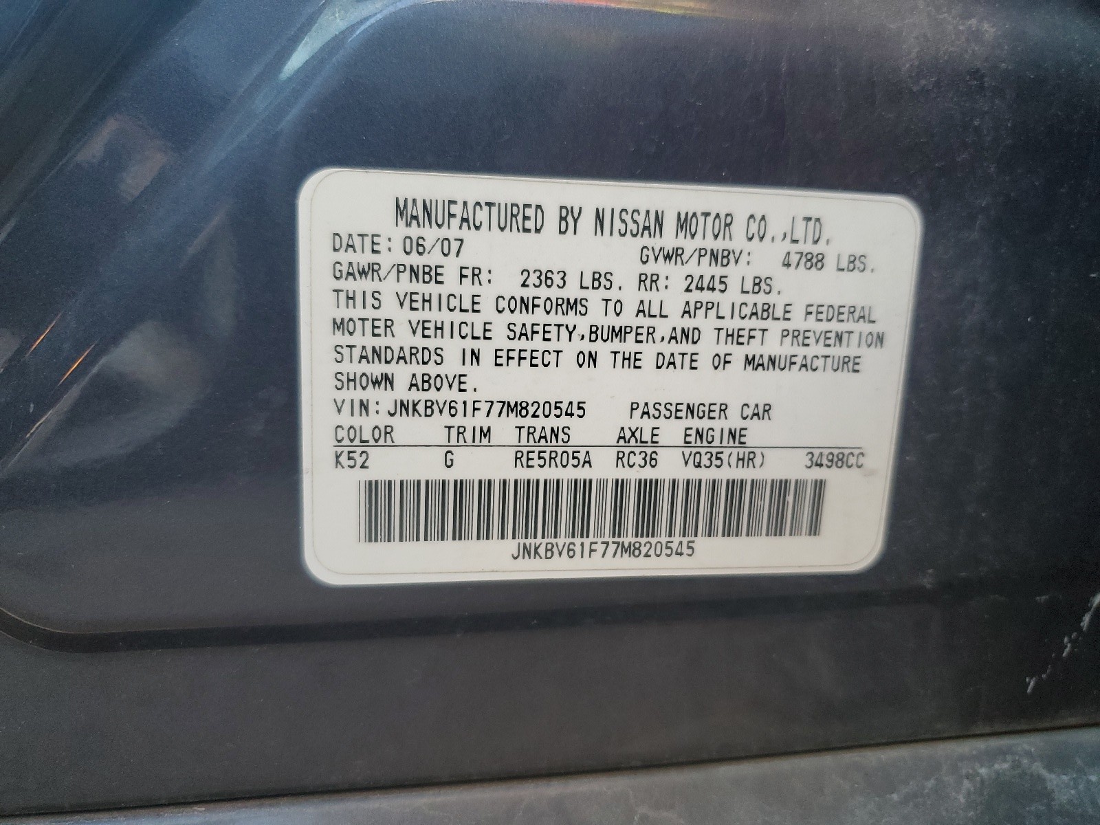 JNKBV61F77M820545 2007 Infiniti G35