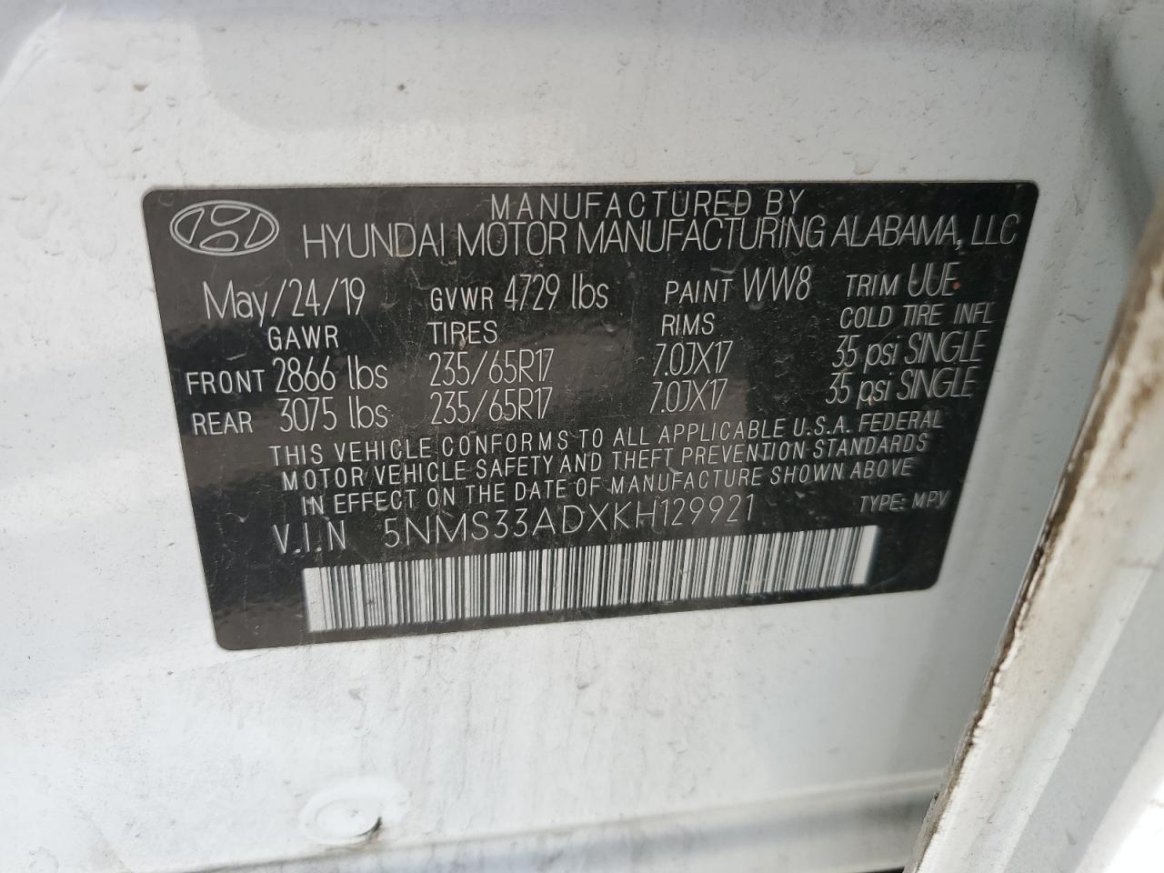 2019 Hyundai Santa Fe Sel VIN: 5NMS33ADXKH129921 Lot: 75740353