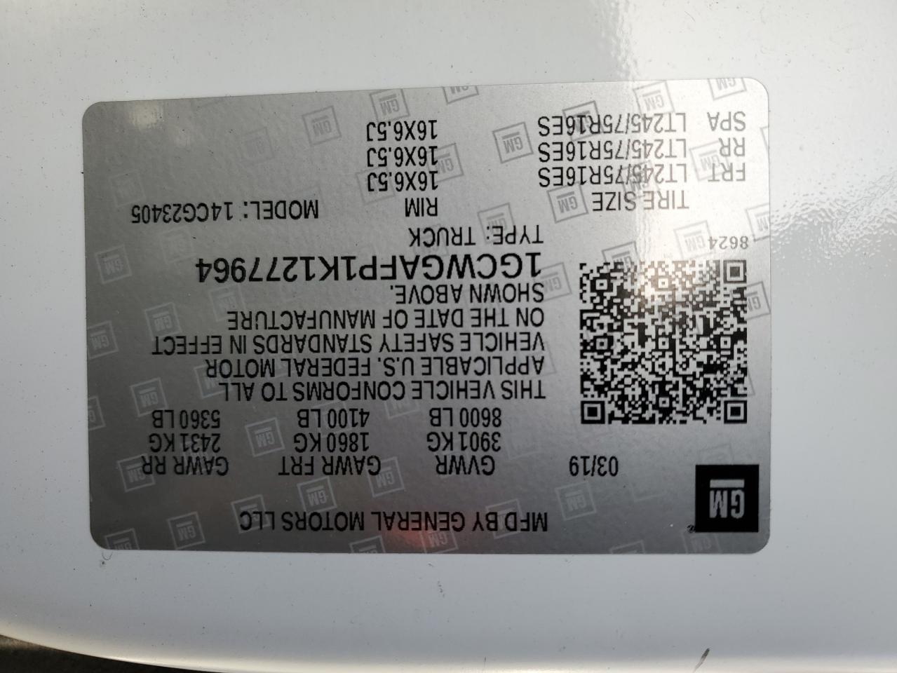 2019 Chevrolet Express G2500 VIN: 1GCWGAFP1K1277964 Lot: 76688343