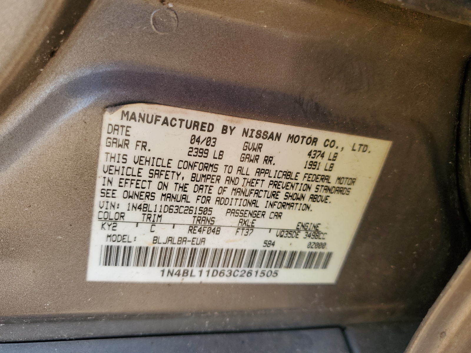 1N4BL11D63C261505 2003 Nissan Altima Se