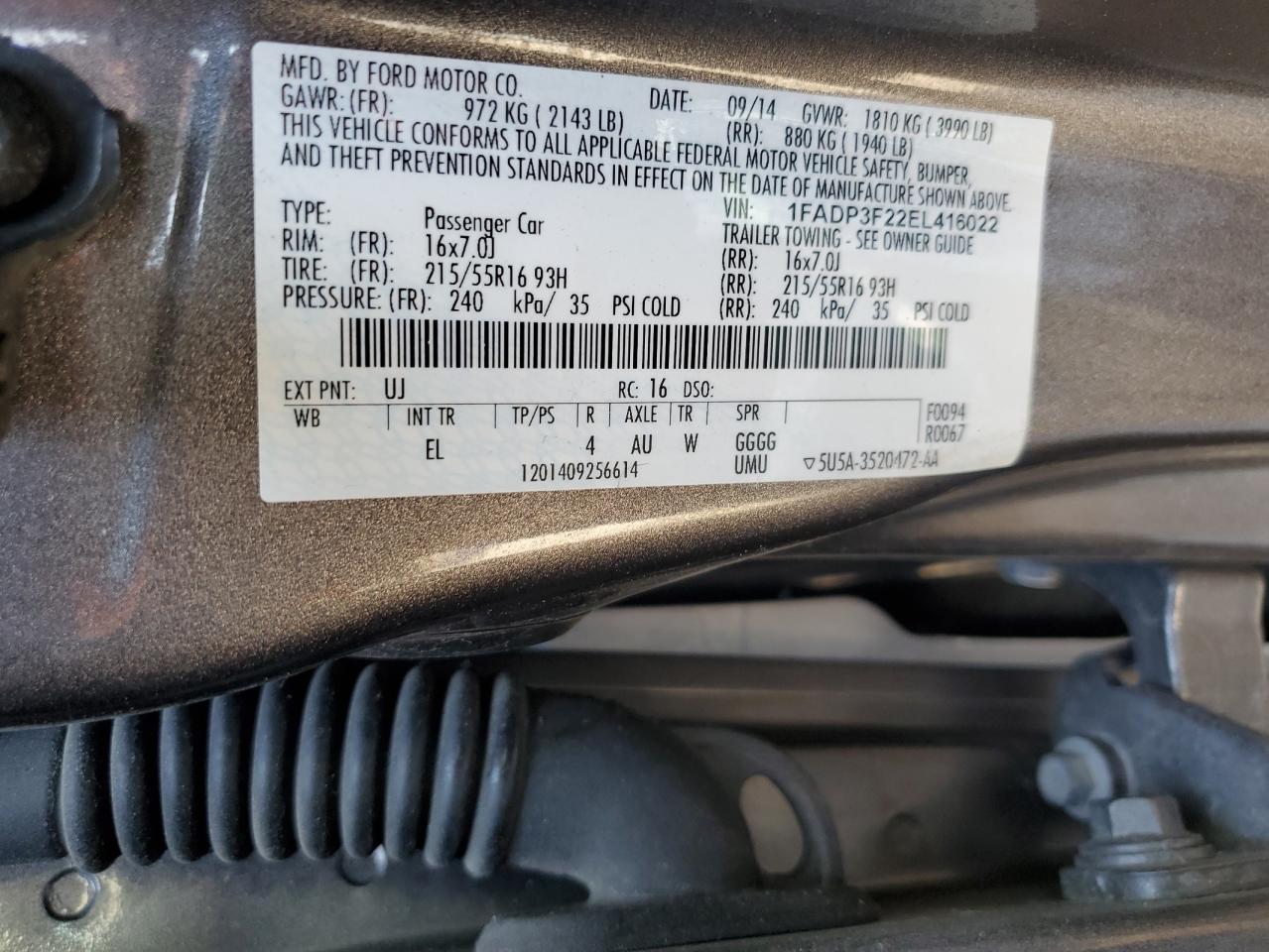 VIN 1FADP3F22EL416022 2014 FORD FOCUS no.12