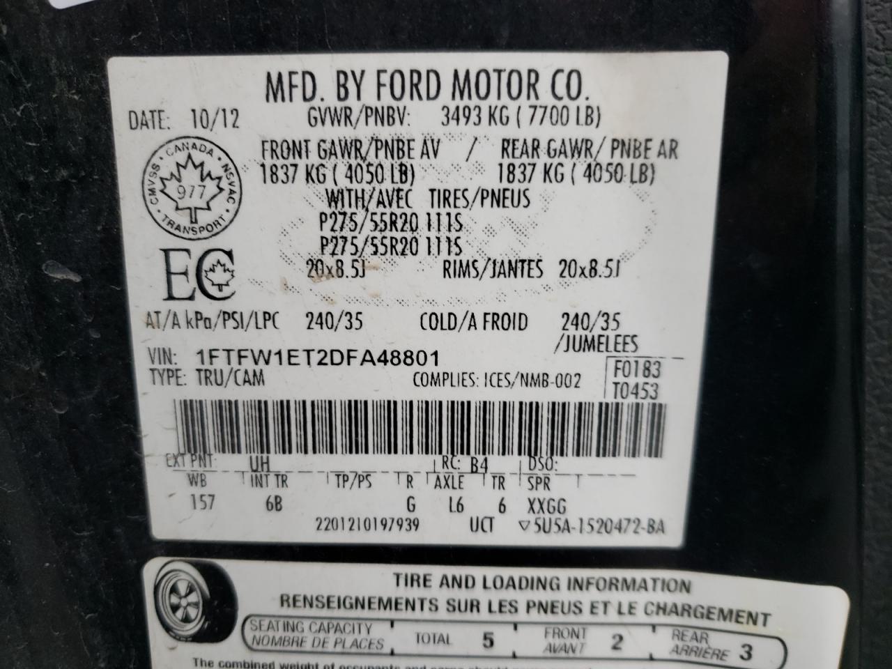 2013 Ford F150 Supercrew VIN: 1FTFW1ET2DFA48801 Lot: 78169973