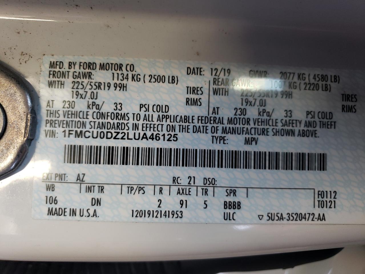 2020 Ford Escape Titanium VIN: 1FMCU0DZ2LUA46125 Lot: 58097324