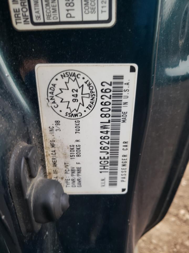 1998 Honda Civic Dx VIN: 1HGEJ6264WL806262 Lot: 78010813