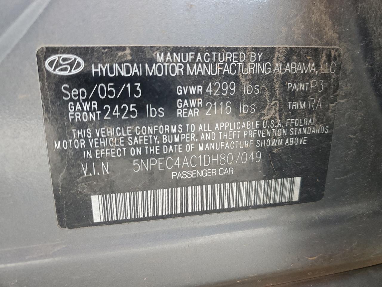 2013 Hyundai Sonata Se VIN: 5NPEC4AC1DH807049 Lot: 75951903