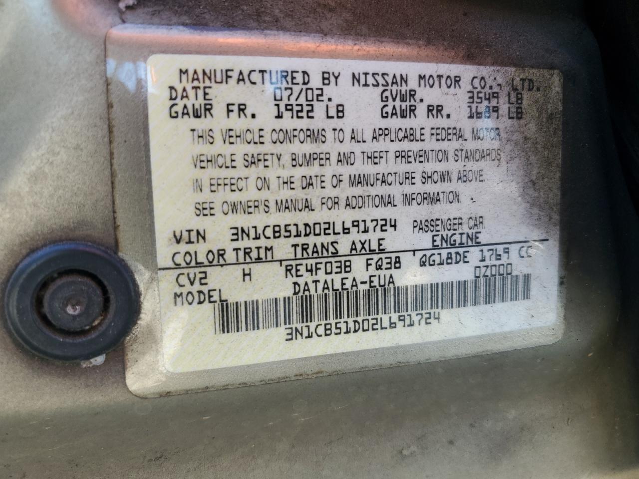 3N1CB51D02L691724 2002 Nissan Sentra Xe