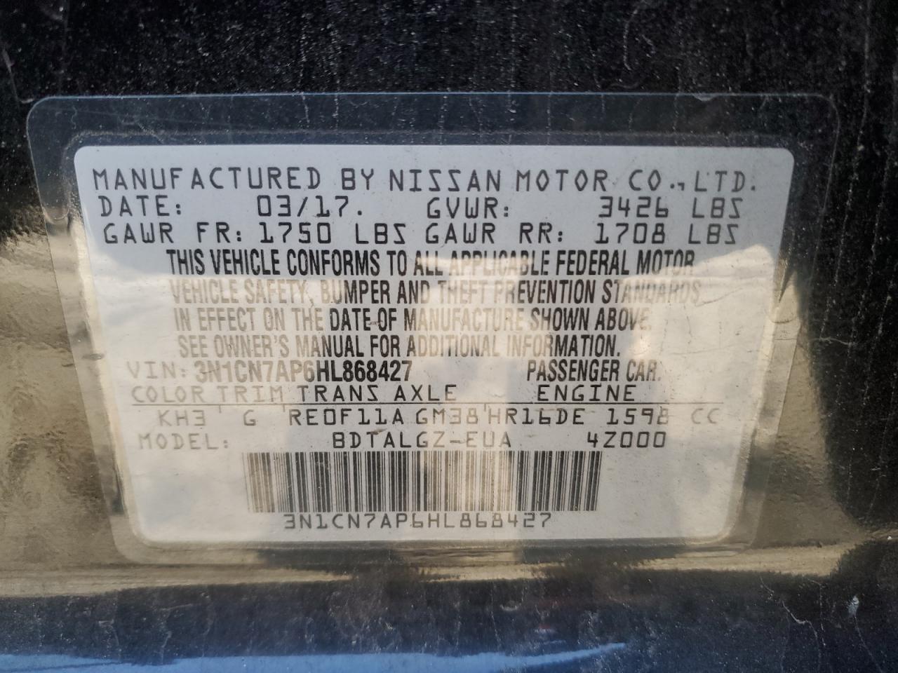 2017 Nissan Versa S VIN: 3N1CN7AP6HL868427 Lot: 85259995