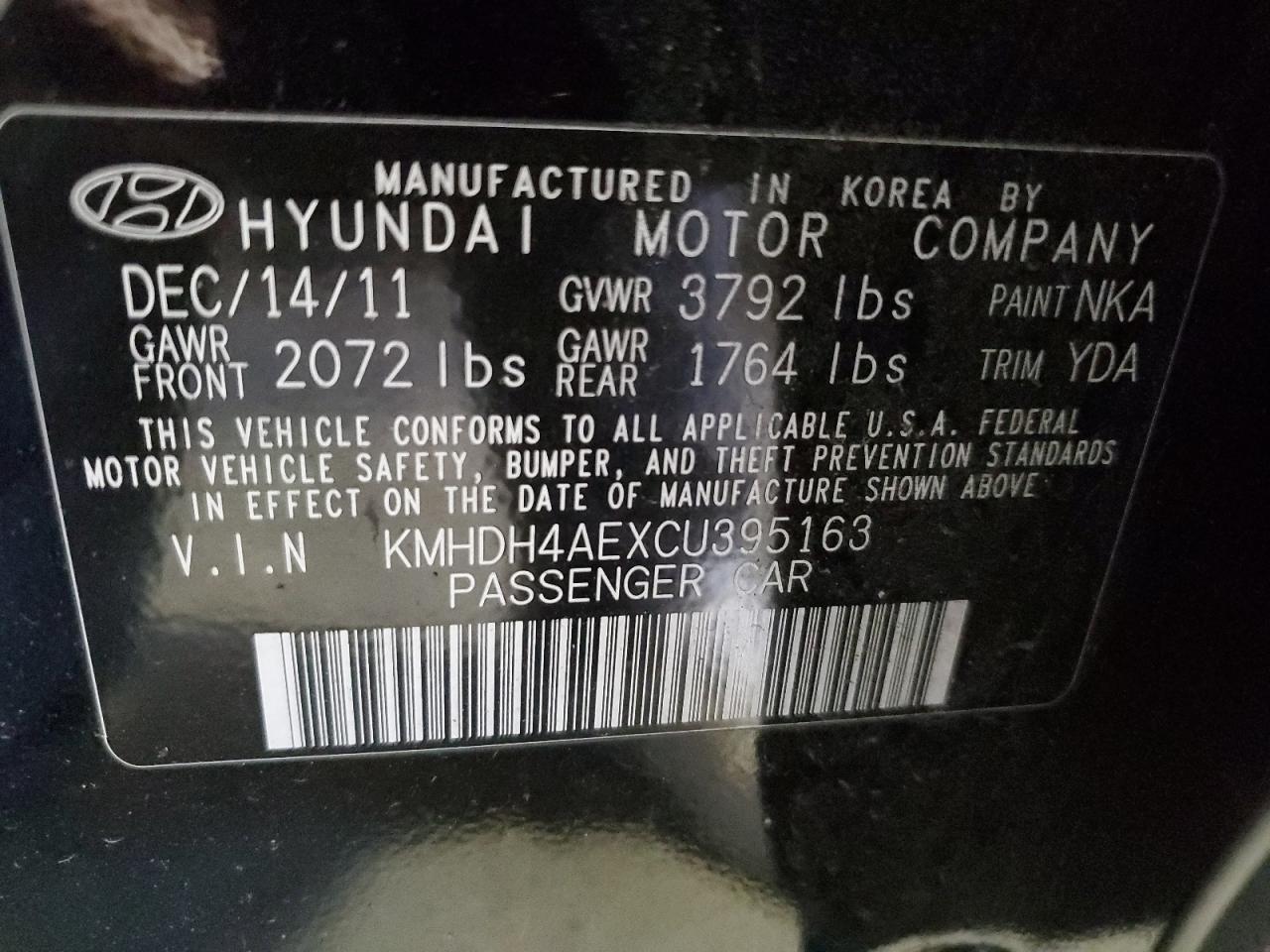 KMHDH4AEXCU395163 2012 Hyundai Elantra Gls