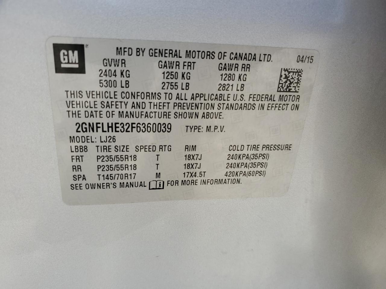 2GNFLHE32F6360039 2015 Chevrolet Equinox Ltz