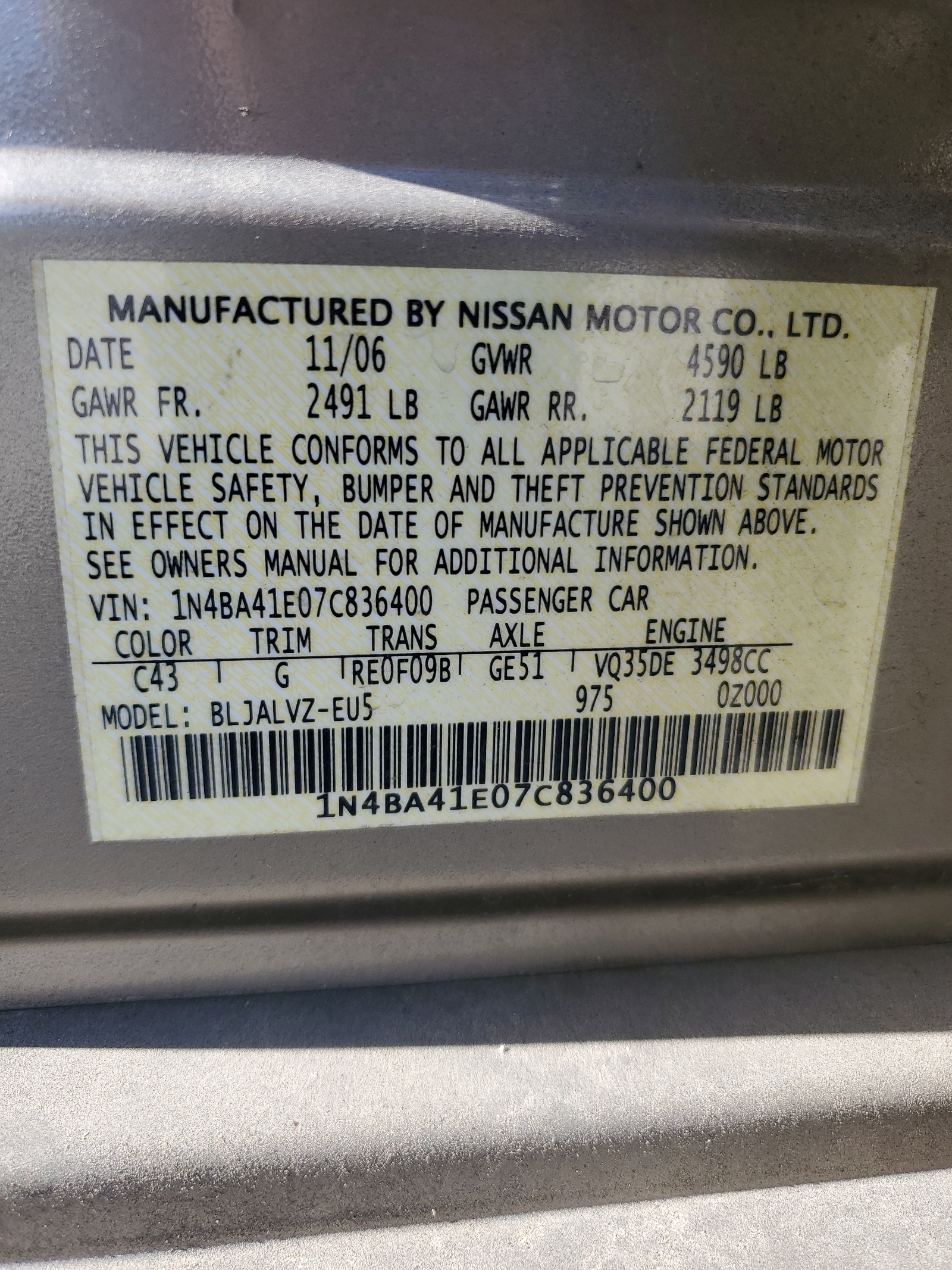 1N4BA41E07C836400 2007 Nissan Maxima Se