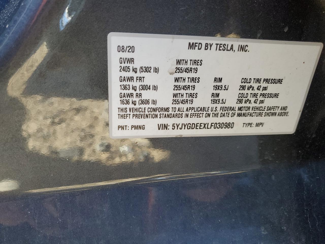 5YJYGDEEXLF030980 2020 Tesla Model Y