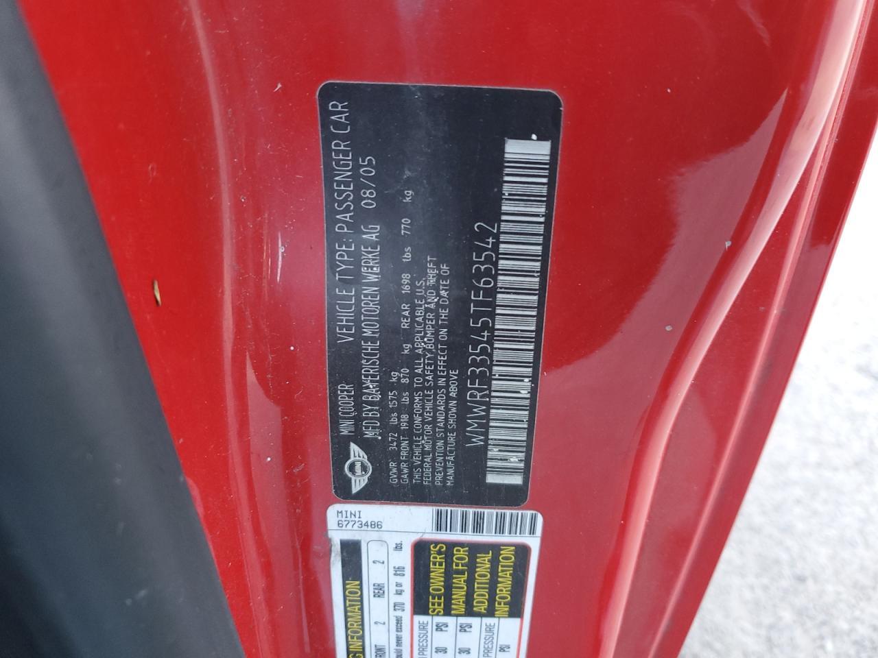 2005 Mini Cooper VIN: WMWRF33545TF63542 Lot: 77784923