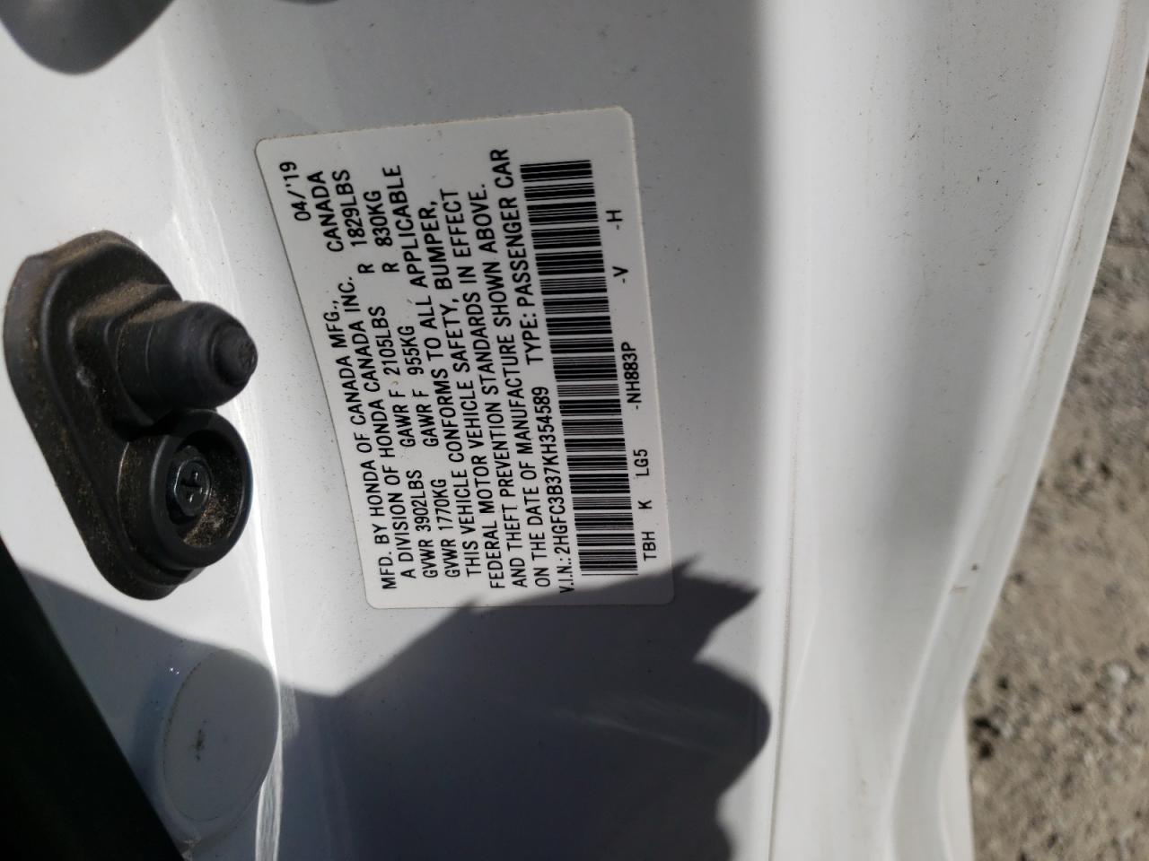 2HGFC3B37KH354589 2019 Honda Civic Ex