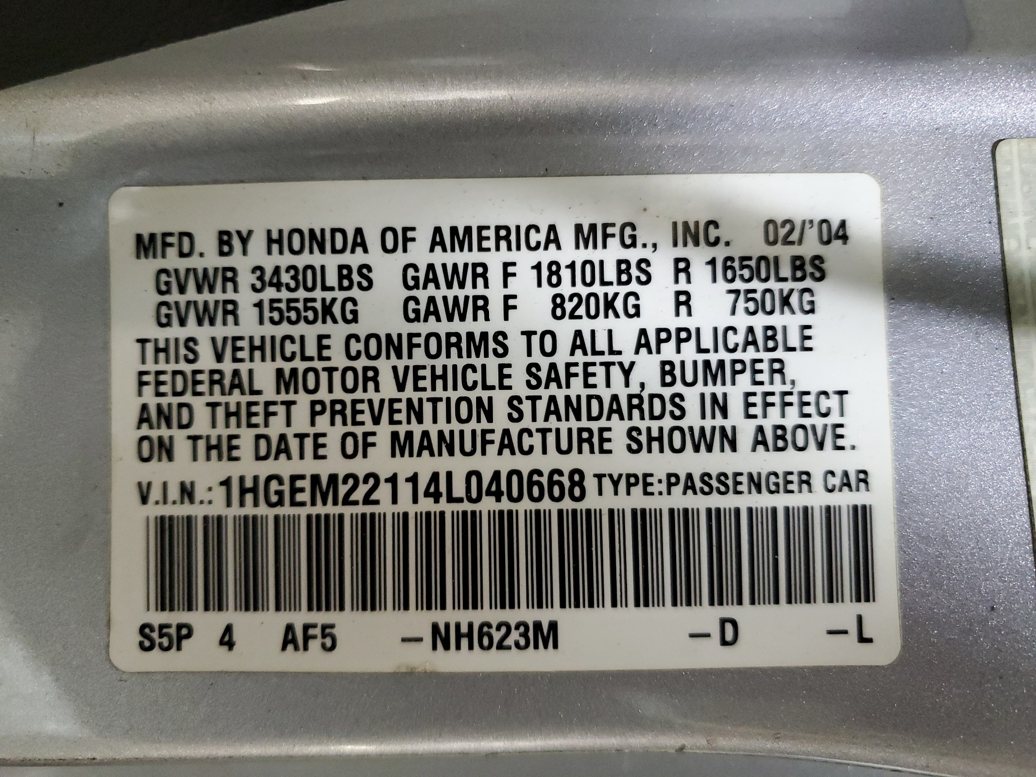 1HGEM22114L040668 2004 Honda Civic Dx Vp