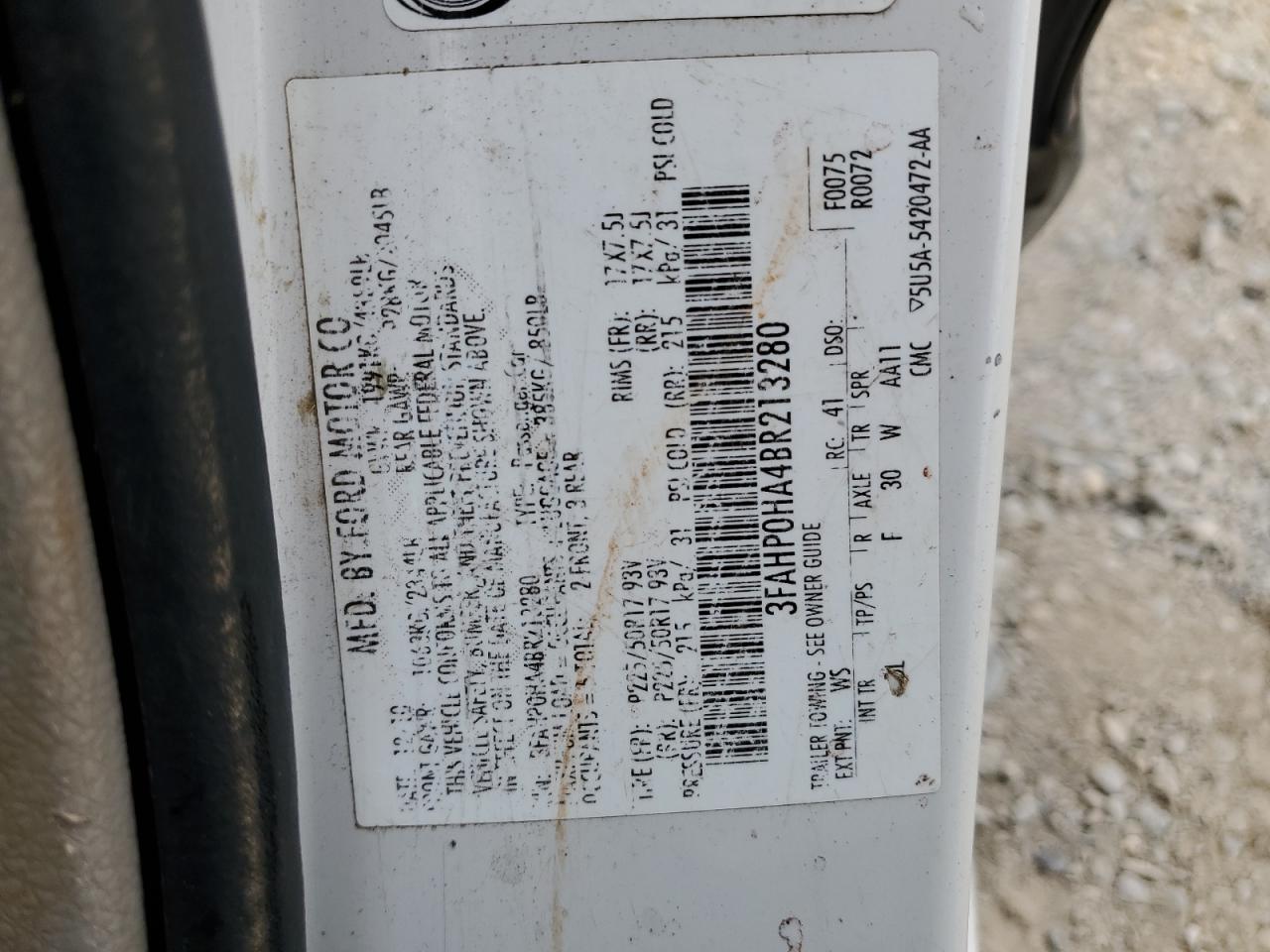 2011 Ford Fusion Se VIN: 3FAHP0HA4BR213280 Lot: 74635073