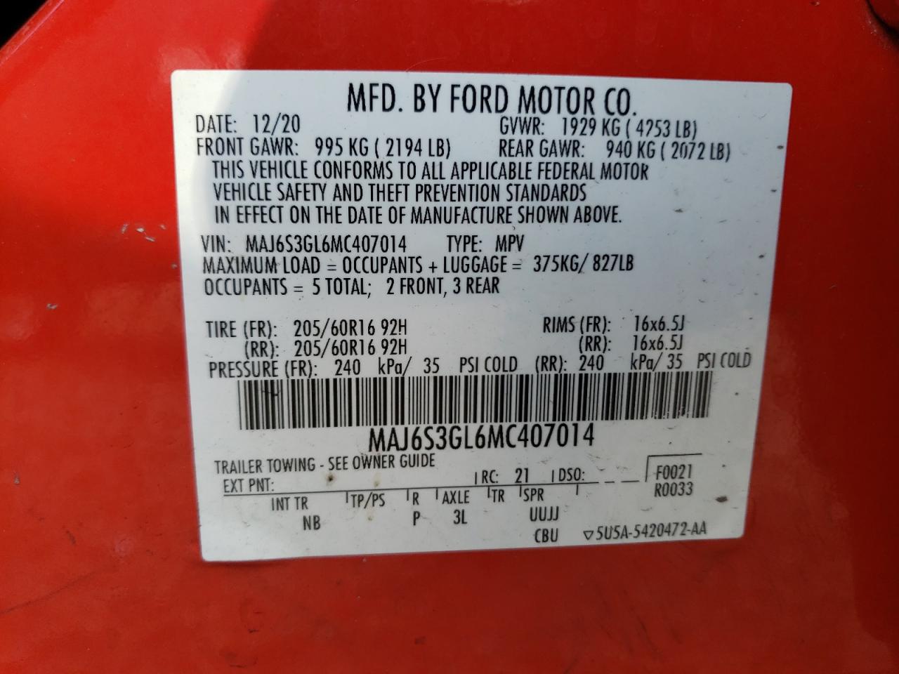 2021 Ford Ecosport Se VIN: MAJ6S3GL6MC407014 Lot: 77051853