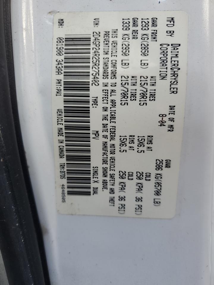 2D4GP24R25R275402 2005 Dodge Grand Caravan Se