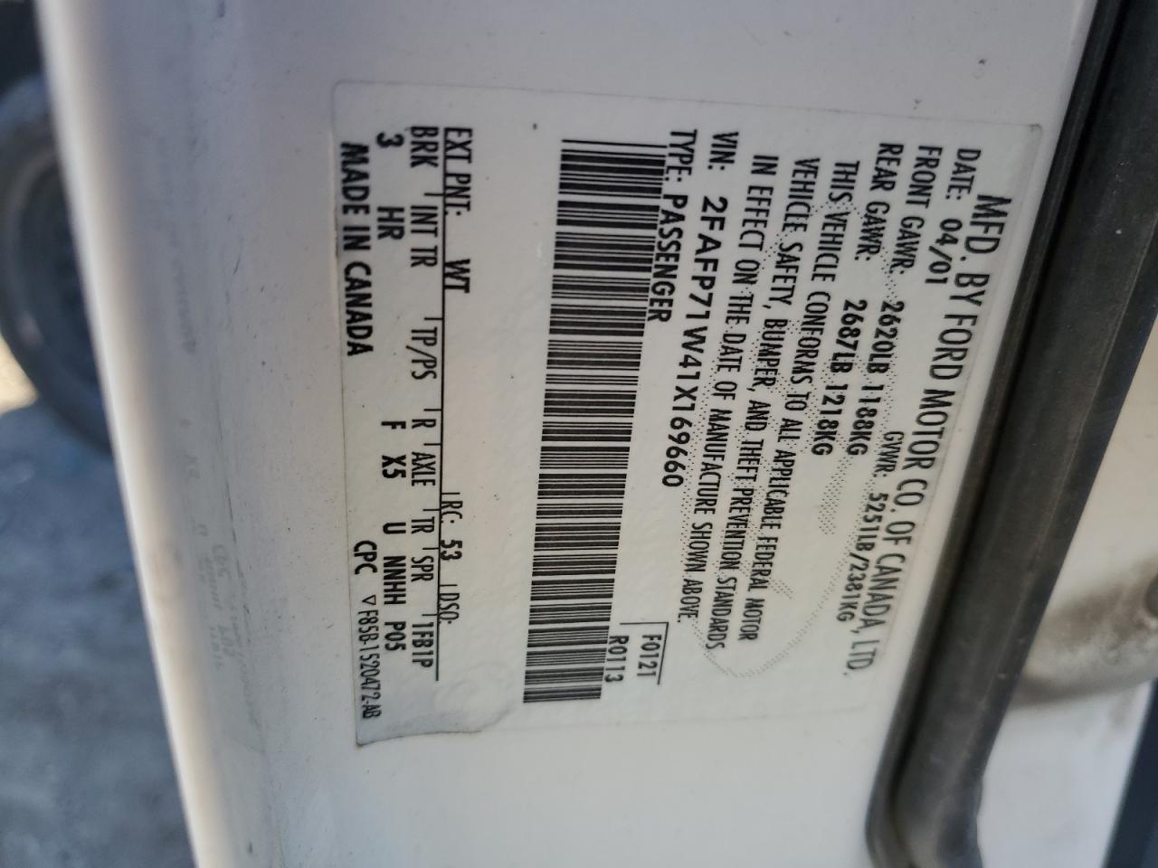 2001 Ford Crown Victoria Police Interceptor VIN: 2FAFP71W41X169660 Lot: 75763383