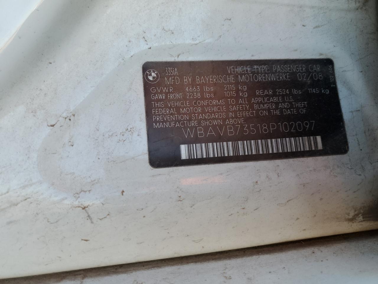 2008 BMW 335 I VIN: WBAVB73518P102097 Lot: 76458153