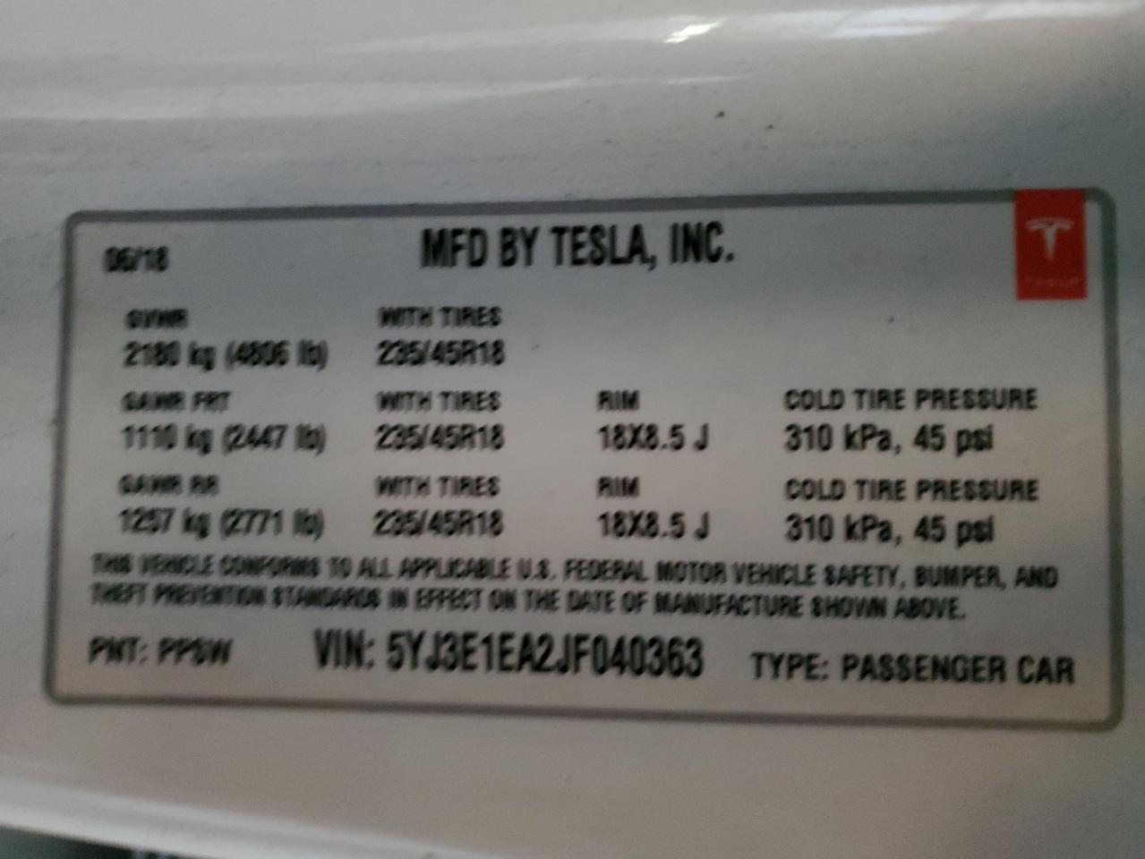 2018 Tesla Model 3 VIN: 5YJ3E1EA2JF040363 Lot: 77466283