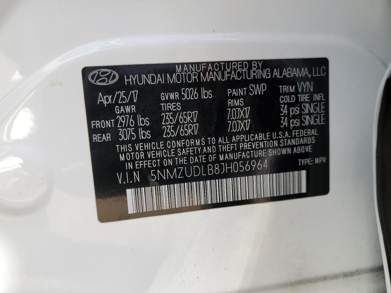 5NMZUDLB8JH056964 2018 Hyundai Santa Fe Sport