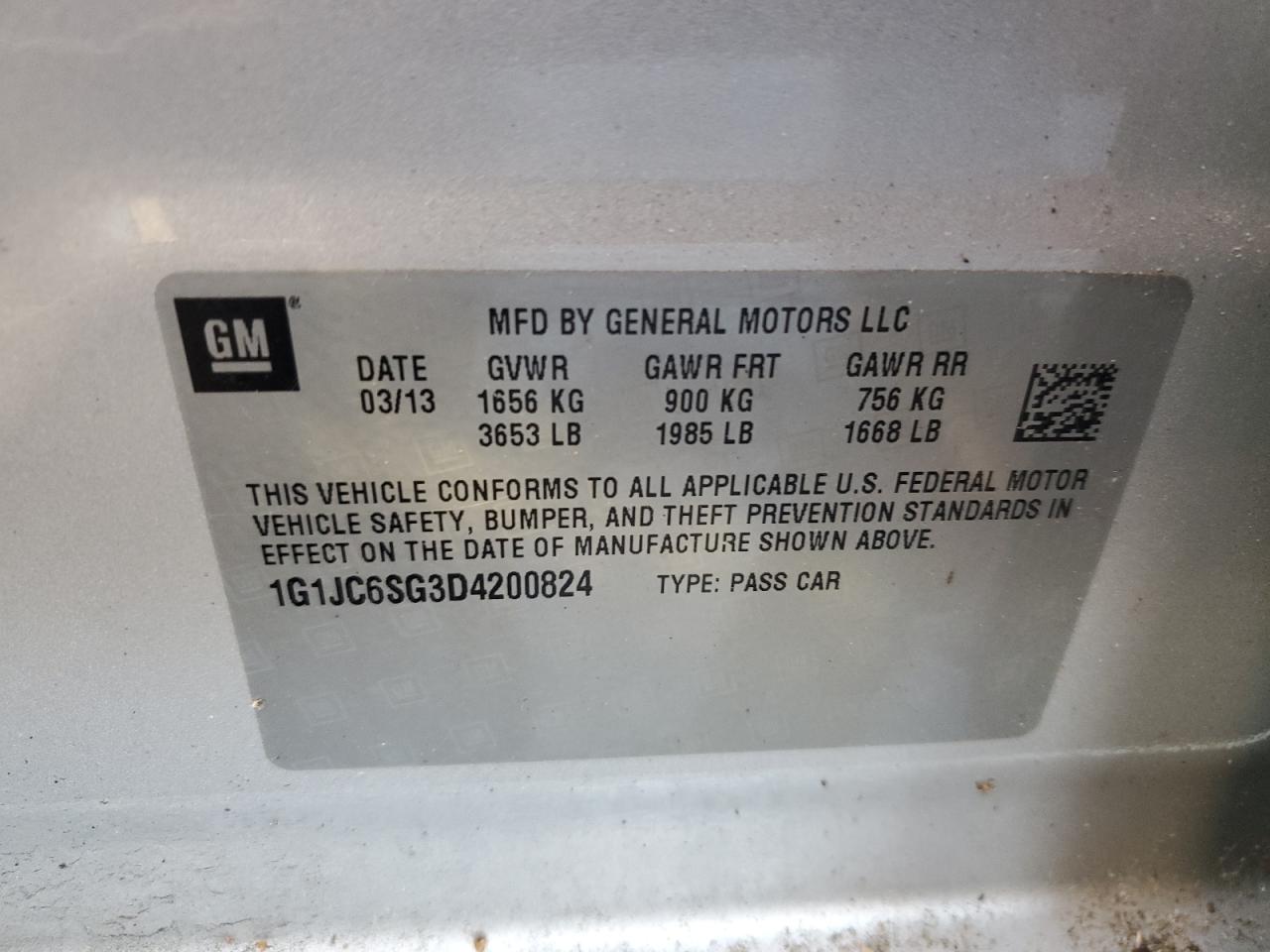 1G1JC6SG3D4200824 2013 Chevrolet Sonic Lt