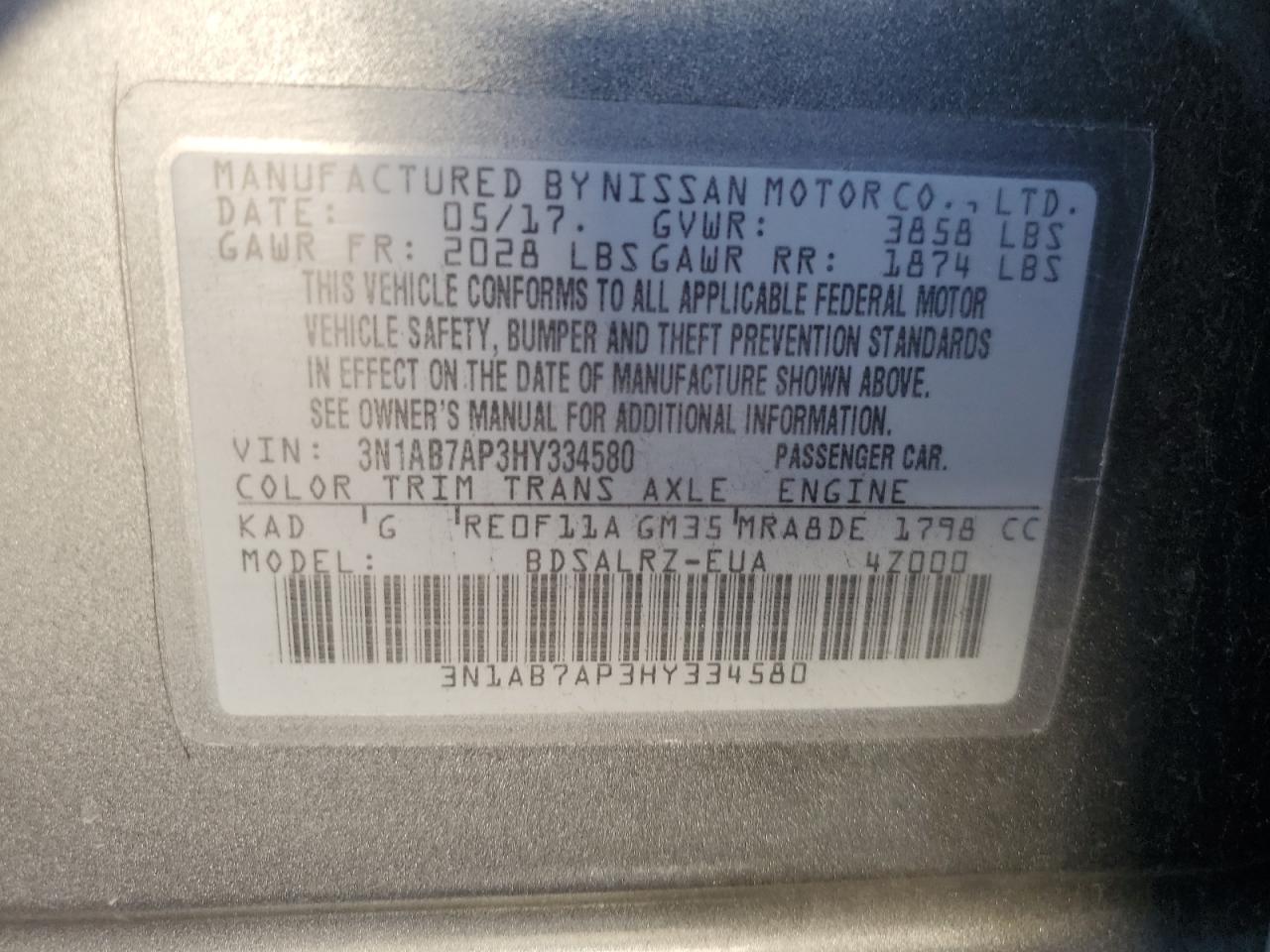 3N1AB7AP3HY334580 2017 Nissan Sentra S