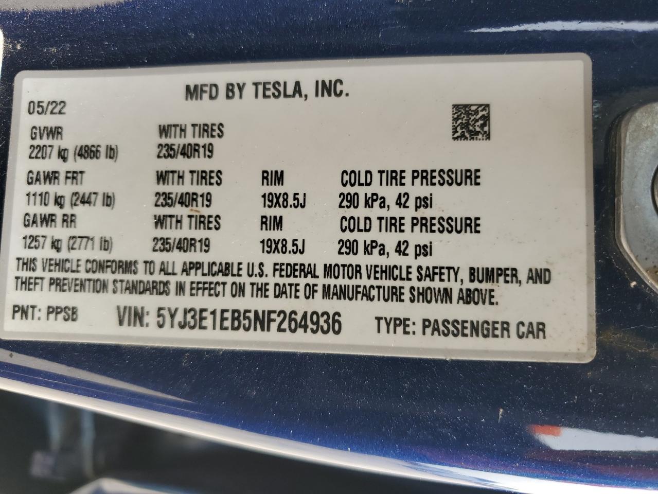 5YJ3E1EB5NF264936 2022 Tesla Model 3