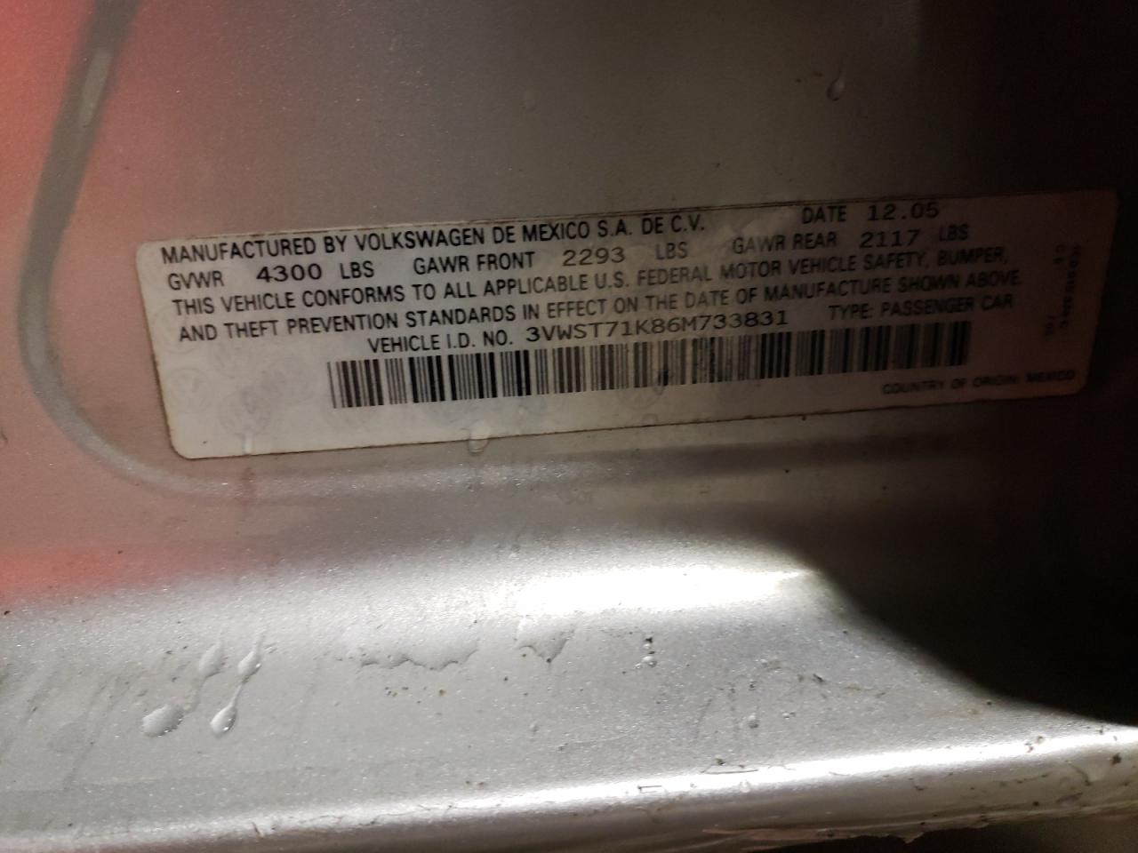 2006 Volkswagen Jetta Tdi Option Package 1 VIN: 3VWST71K86M733831 Lot: 46830994