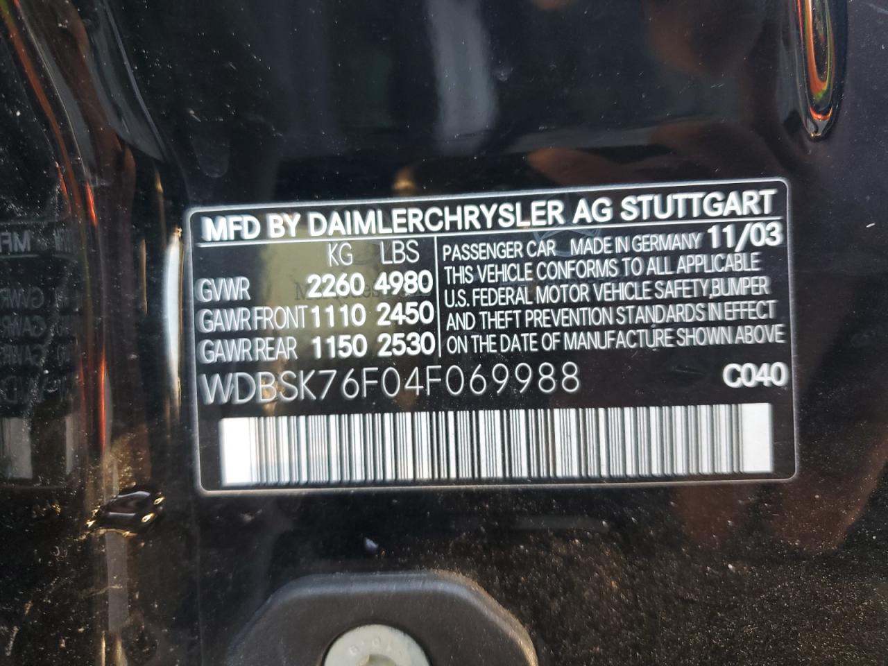 2004 Mercedes-Benz Sl 600 VIN: WDBSK76F04F069988 Lot: 41449095